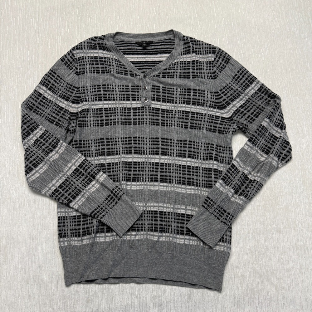 GUESS Henley Wool Blend Sweater Mens Large Gray Black Striped M64R55Z1FT0